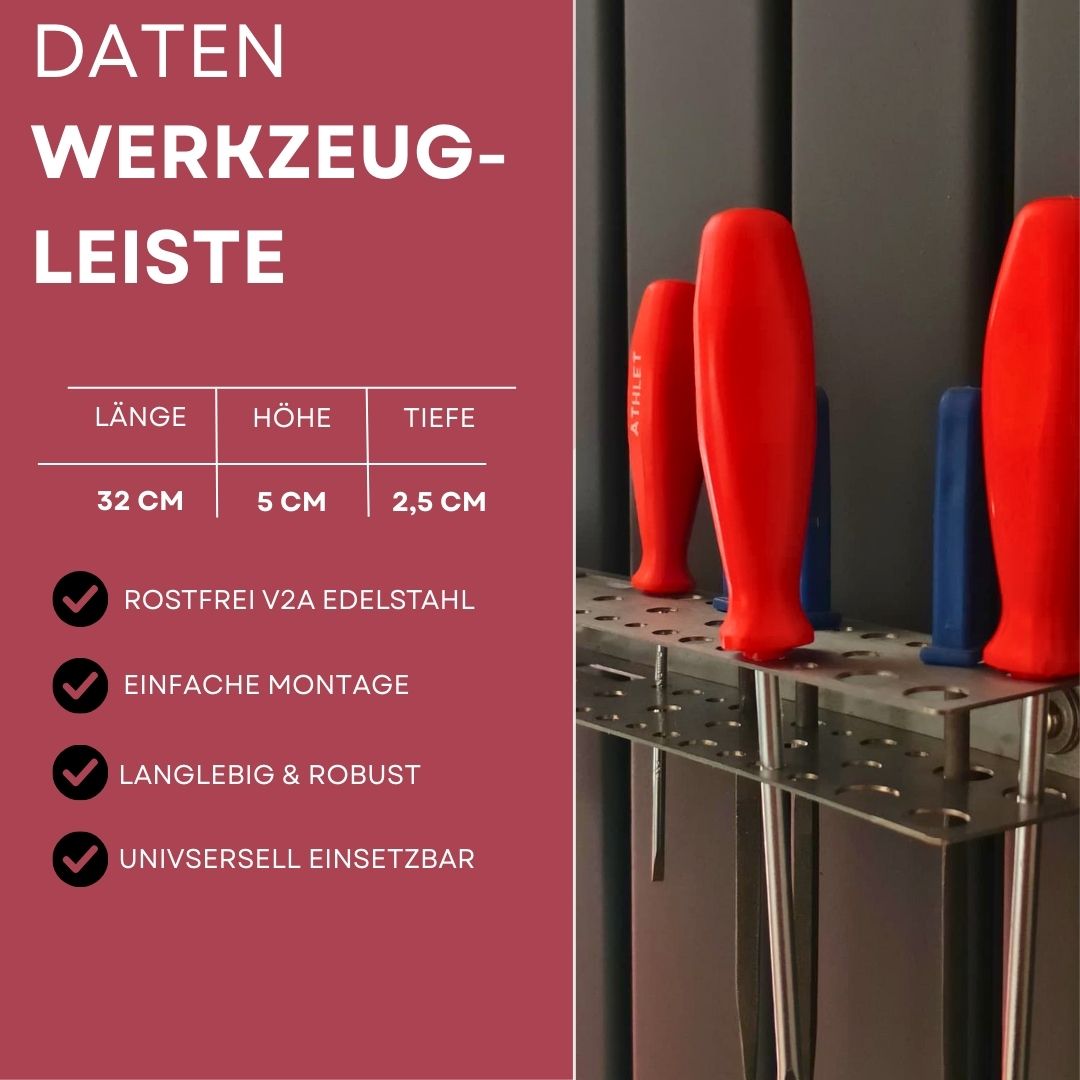 Werkzeugleiste Edelstahl V2A mit Maßen 32 × 5 × 2,5 cm – rostfrei, einfache Montage, langlebig