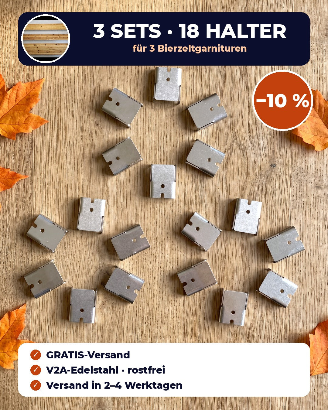 3 Sets = 18 Halter aus V2A-Edelstahl für 3 Bierzeltgarnituren – −10 % und Gratis-Versand