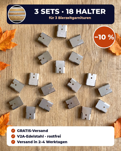 3 Sets = 18 Halter aus V2A-Edelstahl für 3 Bierzeltgarnituren – −10 % und Gratis-Versand
