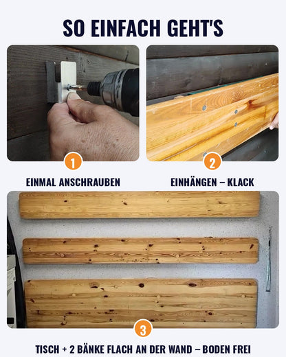 So einfach: Halter anschrauben, Garnitur einhängen – Tisch und 2 Bänke flach an der Wand, Boden frei