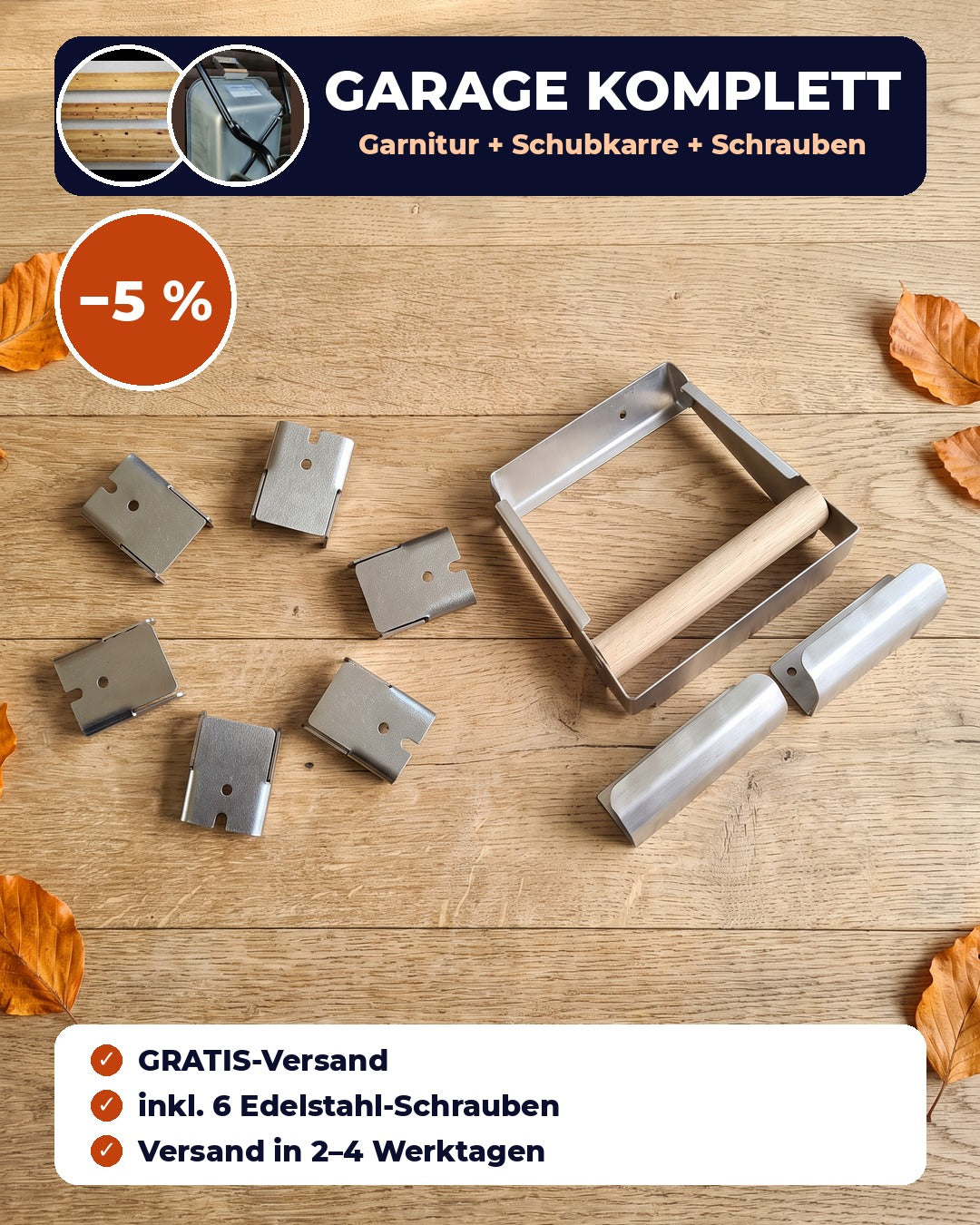 Garage komplett: Bierzeltgarnitur-Halter, Schubkarren-Wandhalterung und 6 Edelstahl-Schrauben