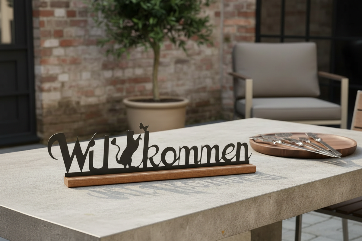 Grillspieße mit Willkommensschild - Detail