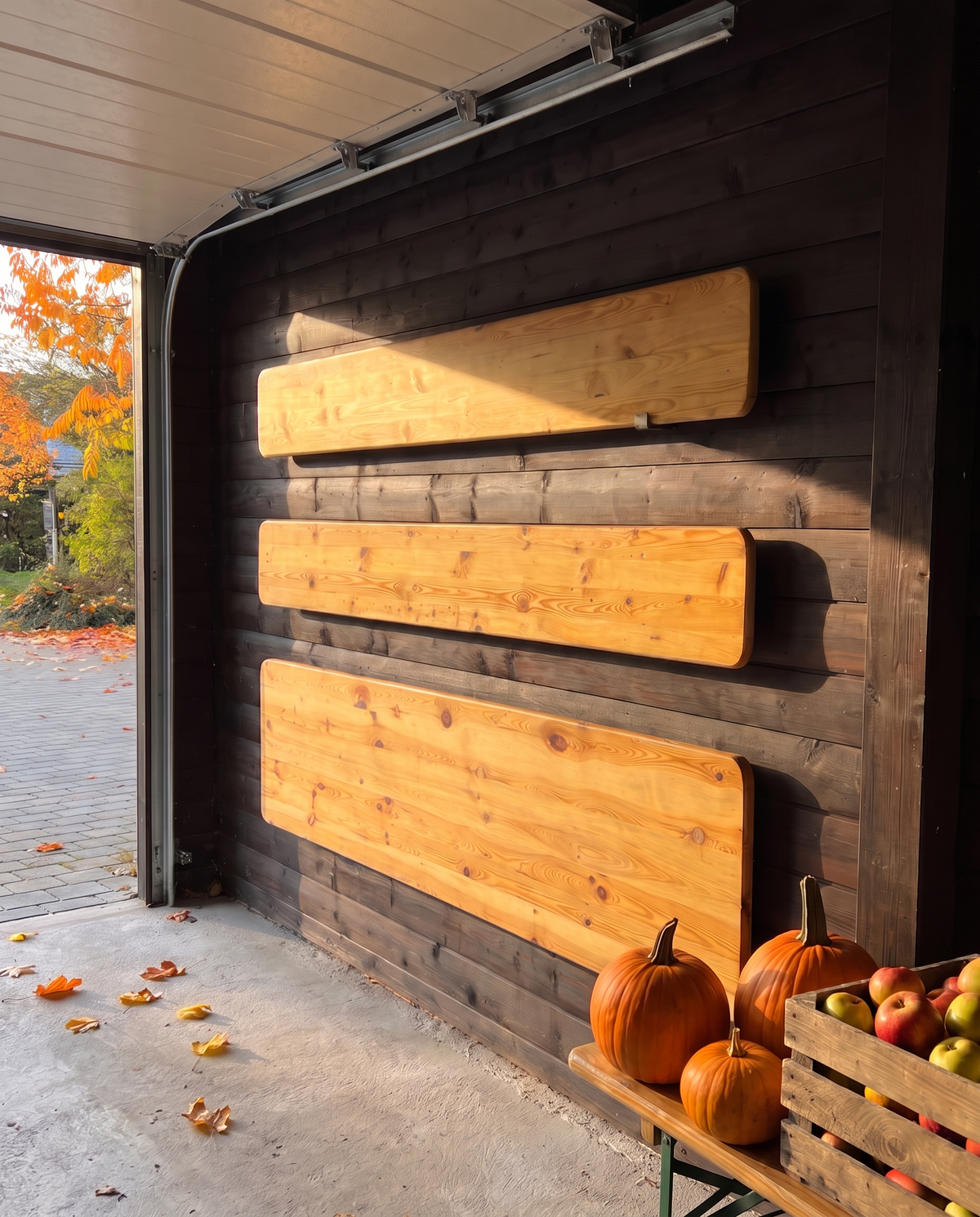 Bierzeltgarnitur hängt im Herbst flach an der Garagenwand – Boden frei