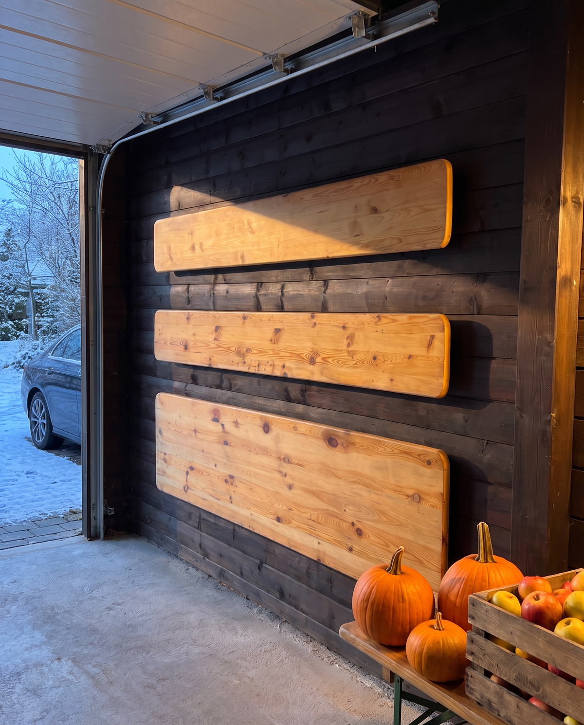 Bierzeltgarnitur hängt flach an der Garagenwand – im Winter bleibt Platz in der Garage
