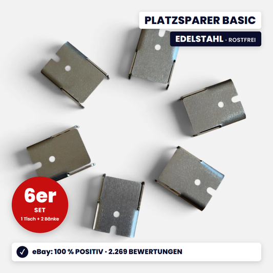 Stahlbühne Platzsparer Basic – sechs Edelstahl-Wandhalterungen für Bierzeltgarnitur, Set für Tisch und zwei Bänke