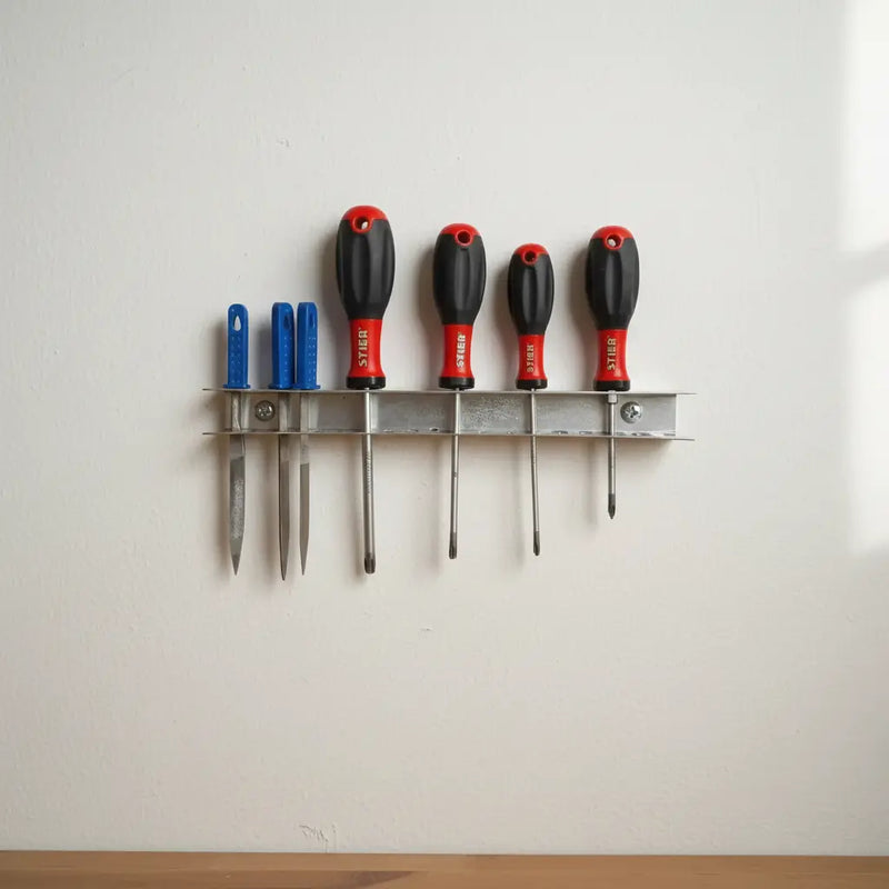 Anwendungsbeispiel des  Edelstahl-Schraubendreher-Wandhalters von Stahlbühne an der Wand mit mehreren eingehängten Schraubendrehern