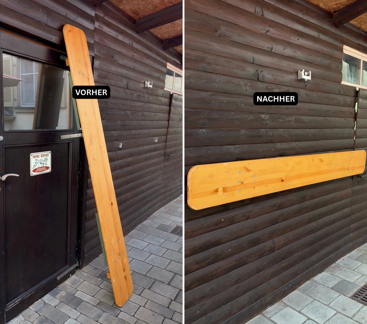 Dieselbe Wand vorher und nachher: Bierzeltgarnitur-Bank lehnt im Weg, danach hängt sie flach an der Stahlbühne Wandhalterung